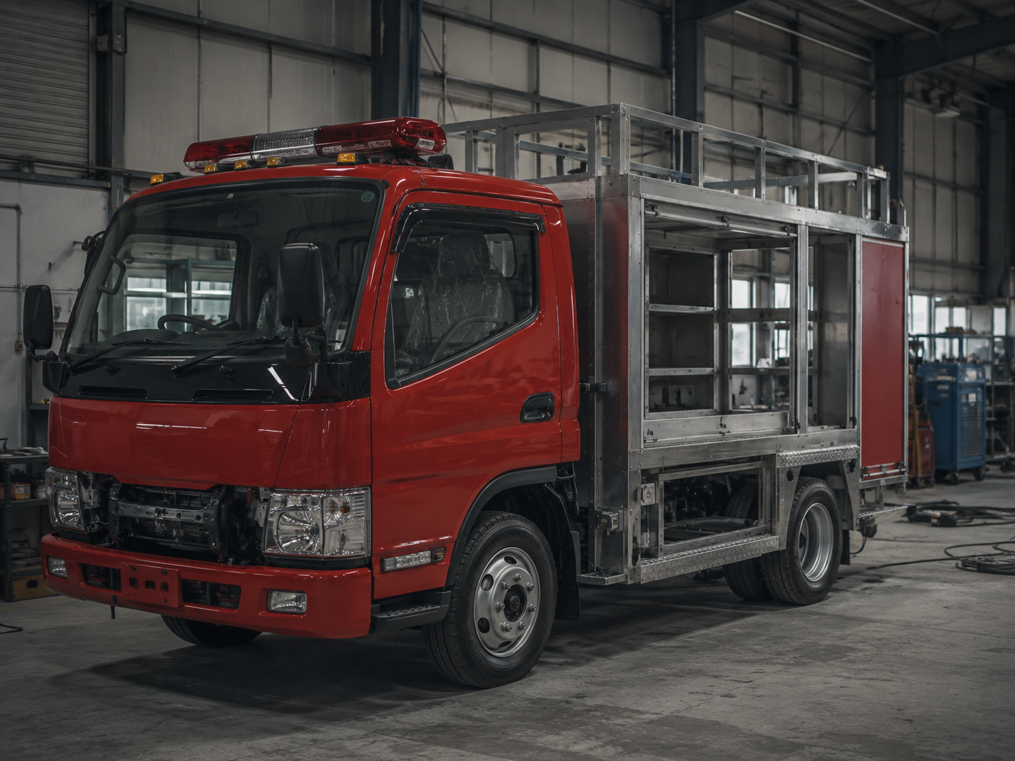 工場で架装中の消防車